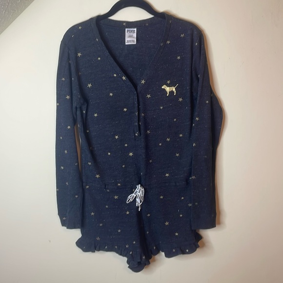 Victoria's Secret PINK PJ Romper Thermal Ruffle Stars Snap Front Rare 2017 NWOT - Picture 7 of 10